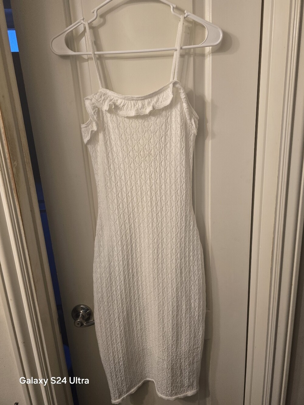 White Ruffle-Trim Knit Midi Dress